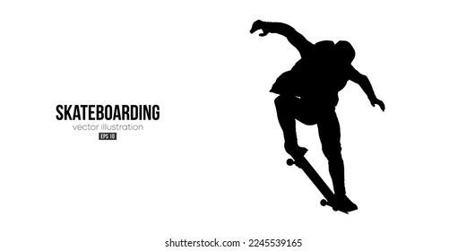 Abstarct silhouette of a skateboarder on white background. The skateboarder man is doing a trick. Street skateboarding. Vector illustration