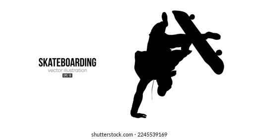 Abstarct silhouette of a skateboarder on white background. The skateboarder man is doing a trick. Street skateboarding. Vector illustration