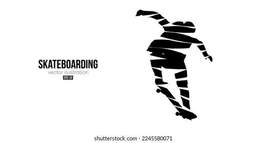 Abstarct silhouette of a skateboarder on white background. The skateboarder man is doing a trick. Street skateboarding. Vector illustration