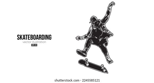 Abstarct silhouette of a skateboarder on white background. The skateboarder man is doing a trick. Street skateboarding. Vector illustration