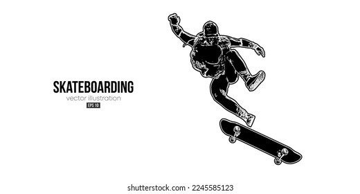 Abstarct silhouette of a skateboarder on white background. The skateboarder man is doing a trick. Street skateboarding. Vector illustration