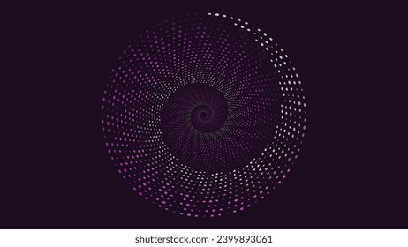 Abstarct spiral round vortex dotted background in dark purple color. This creative minimalist background can be used as banner or wallpaper.