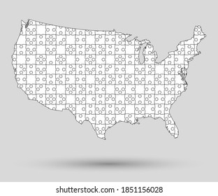 Abstrakte Vektorgrafik der Vereinigten Staaten von Amerika Landgrenze Karte machte Stücke Rätsel auf dem Hintergrund. Kreative Vorlage für Muster, Bericht, Infografik. Amerikanische Nation kreatives Silhouette-Zeichen-Konzept