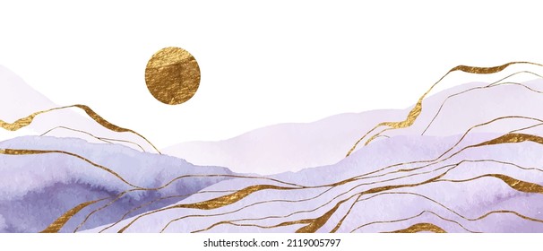 Abstarct watercolor background in violet shades. Golden sun, waves, lines. Elegant, chic wall art print, backdrop, cover, card design.