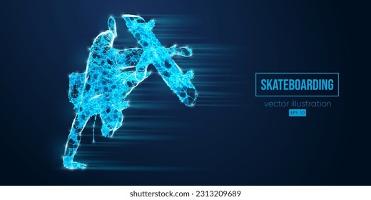 Abstarct wireframe silhouette of a skateboarder from triangles and particles on blue background. The skateboarder man is doing a trick. Street skateboarding. Vector illustration