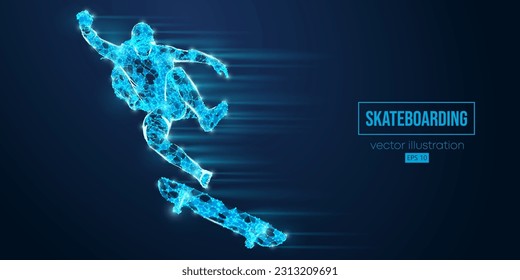 Abstarct wireframe silhouette of a skateboarder from triangles and particles on blue background. The skateboarder man is doing a trick. Street skateboarding. Vector illustration