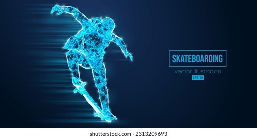 Abstarct wireframe silhouette of a skateboarder from triangles and particles on blue background. The skateboarder man is doing a trick. Street skateboarding. Vector illustration