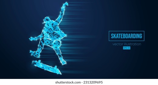 Abstarct wireframe silhouette of a skateboarder from triangles and particles on blue background. The skateboarder man is doing a trick. Street skateboarding. Vector illustration