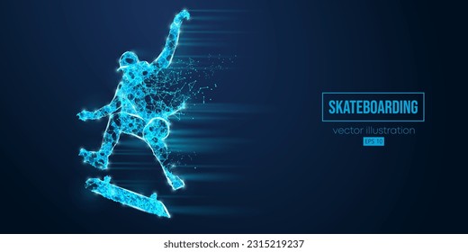 Abstarct wireframe silhouette of a skateboarder from triangles and particles on blue background. The skateboarder man is doing a trick. Street skateboarding. Vector illustration