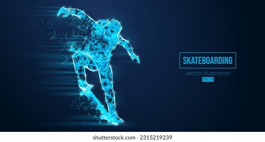 Abstarct wireframe silhouette of a skateboarder from triangles and particles on blue background. The skateboarder man is doing a trick. Street skateboarding. Vector illustration