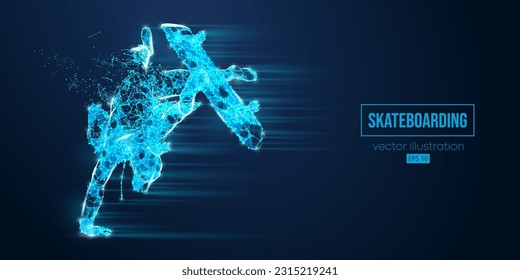 Abstarct wireframe silhouette of a skateboarder from triangles and particles on blue background. The skateboarder man is doing a trick. Street skateboarding. Vector illustration