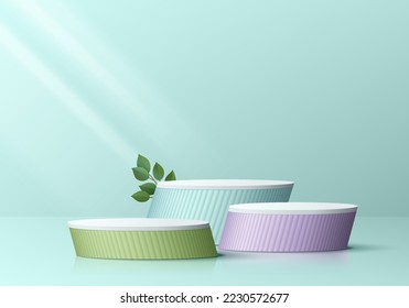 Abstrac 3D room background with set of realistic cylinder pedestal podium in green, blue, purple color. Minimal wall scene mockup product display. Vector rendering geometric forms. Stage for showcase.