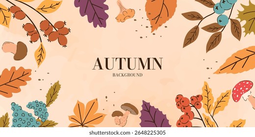 Abstrac Autumn Fall Banner Template com folhas lisas na moda, bagas, cogumelos, ramos em fundo de aquarela. Pôster de outono com Elemento Trendy outono. Vetor Colheita Colorida Quadro de Borda Moderno.