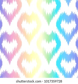 Abstrac seamless pattern on holographic background. Backdrop with heart dots. Hologram rainbow effect wallpaper for wedding invitation, birthday and valentines cards, textile prints.