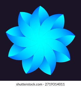 Ilustración digital de estilo 3D de Vector abstracto de un mandala floral simétrico. El diseño presenta pétalos superpuestos en un vibrante degradado cian y azul, creando una sensación de profundidad y rotación. Este icono geométrico minimalista es perfecto para la marca de bienestar, logotipos de yoga, símbolos tecnológicos o fondos abstractos modernos. Renderizado de alta calidad estilo Vector con una estética limpia y profesional