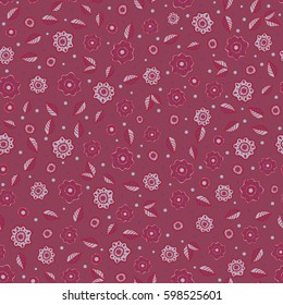 Abstrace stylized ditsy purple and red flowers. Vector cute floral seamless pattern in the small flower.