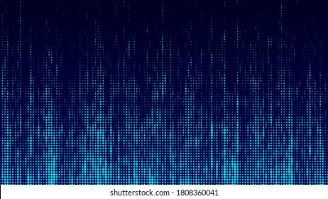 Abstrack background in matrix style. Falling particles. Glitch of matrix. Cybernetic futuristic background. Big data. Virus. Corrupted code. Blue dots. Music wave. Vector illustration.