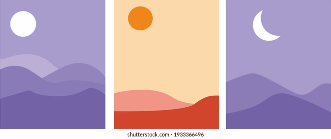 abstrack contemporary aesthetic backgrounds landsapes set with sunset,night. earth tones, pastel colors. boho wall decor. mid century modern minimalist art print. flat desing