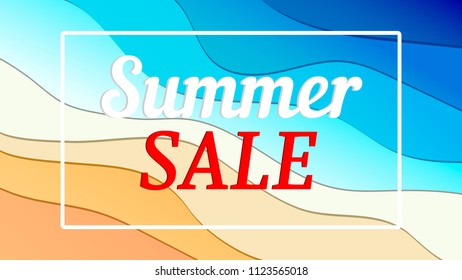 Abstrack paper art background summer sale. Sea waves and sand for banner, flyer, poster or web site design. Paper cut style, vector illustration