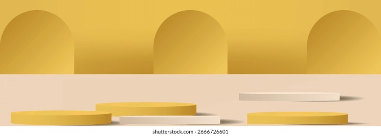 ABSTRACK Realistic yellow, white 3D round podium background with palm leaf, arch backdrop wall scene. Minimalist mockup pedestal,
