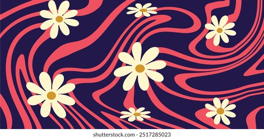 Abstrack Retro Floral Waves with Daisies. seamless floral pattern. Psychedelic Daisy Floral Pattern. Colorful Retro Wave and Daisy Pattern.