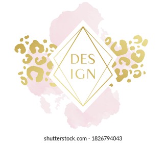 Abstracr art vector illustration watercolor background with frame for text and leopard pattern with splashes paint. Design template for banner, sale promotion, special offer, social media publication.