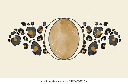 Abstracr art vector illustration watercolor background with frame for text and leopard pattern with splashes paint. Design template for banner, sale promotion, special offer, social media publication.