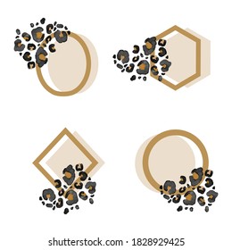 Abstracr art vector illustration watercolor background with frame for text and leopard pattern with splashes paint. Design template for banner, sale promotion, special offer, social media publication.