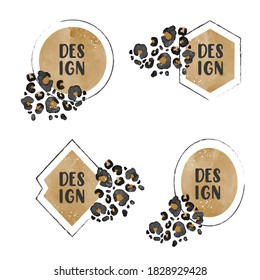Abstracr art vector illustration watercolor background with frame for text and leopard pattern with splashes paint. Design template for banner, sale promotion, special offer, social media publication.