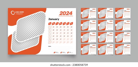 Abstract 12 pages desk calendar design for 2024 with accurate date format and two image placeholder