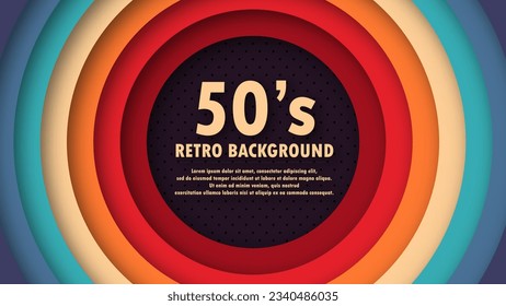 Resumen del fondo colorido de los años 50 con elementos de círculos y colores retro. Diseño realista en estilo retro futurista. Ilustración divertida del vector.