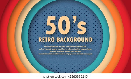 Resumen del fondo colorido de los años 50 con elementos de círculos y colores retro. Diseño realista en estilo retro futurista. Ilustración divertida del vector.