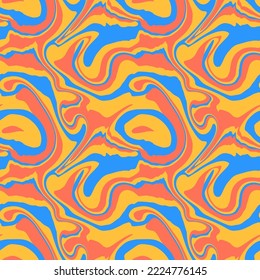 Resumen de 1970 de mármol líquido sin soldadura. Textura de giro ondulada azul rojo amarillo ondulante. El trippy de Groovy distorsiona el fondo psicodélico. Ilustración vectorial estética de fantasía hipnótica.