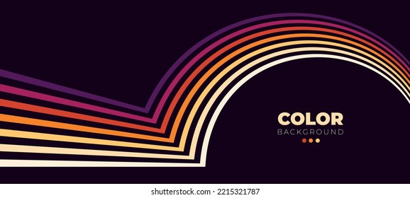 Resumen del diseño de fondo de los años 70 en estilo retro futurista con líneas coloridas. Resumen líneas simples de rayas de color en estilo retro. diseño de fondo oscuro de líneas coloridas.  Ilustración vectorial. 