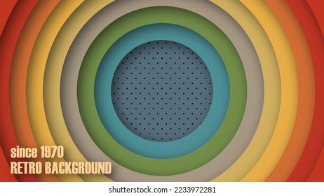 Abstract 1970's colorful perforation background with circles element and retro colors. Realistic design in futuristic retro style. Vector funky illustration.