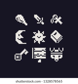 Abstract 1-bit pixel art icons set, sticker design pack. Moon, sword, meat, sun, key, book, hammer. Design for logo, stamp, web, app, badges and patches. Isolated vector illustration.