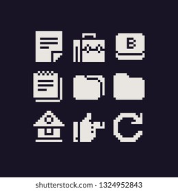 Abstract 1-bit pixel art web icons set,  sticker design pack. Arrow, lock, button, folder, home sign and briefcase. Design for logo, stamp, web, app, badges and patches. Isolated vector illustration