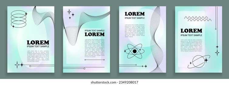 Abstract 2000s aesthetic backgrounds with Lorem Ipsum text, four liquid holographic baclgrops, prints, banners and posters in 00s graphic style.