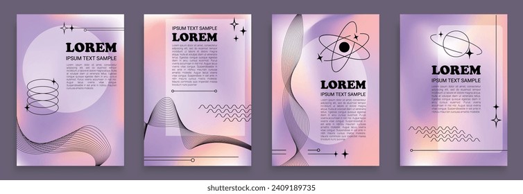 Abstract 2000s aesthetic backgrounds with Lorem Ipsum text, four liquid holographic backdrops, prints, banners and posters in 00s graphic style. Vector illustration.