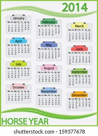 Abstract 2014 calendar in vibrant color with label. Monday start calendar vector. Easy to edit vector design. 