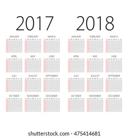Abstract 2017 and 2018 vector calendar with Sunday the first day of week