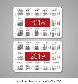 Abstract 2018 and 2019 vector pocket calendar with Sunday the first day of week
