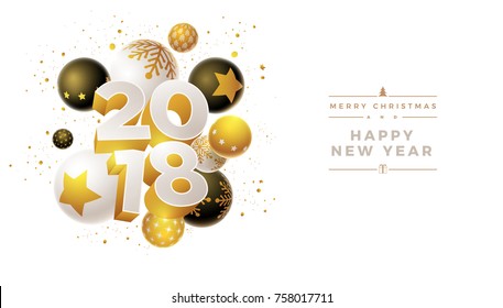 Abstract 2018 new year greeting card design with 3d white, black and gold Christmas balls. Elements are layered separately in vector file.