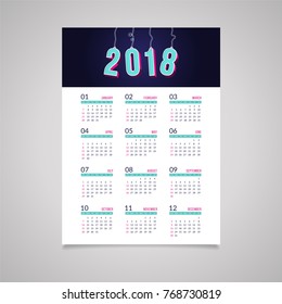 Abstract 2018 new year wall calendar design with amount letters hunging from a rope