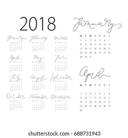 Abstract 2018 vector calendar with Sunday the first day of week. Months lettering.