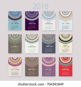 Abstract 2018 vector Portuguese calendar with circle ornament mandala. Vintage background. Ornamental circle business cards, oriental illustration. Eastern geometric pattern. Tribal card template.