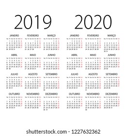 Abstract 2019 and 2020 Portuguese pocket vector calendar. Organizer template.