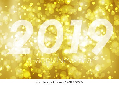 Abstract 2019 colorful bokeh and glowing spakling shining particles in random gold color theme background. Lighting effects of flash. Blurred vector background with light glare, EPS10 illustration.