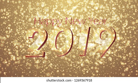 Abstract 2019 colorful bokeh and glowing spakling shining particles in random gold color theme background. Lighting effects of flash. Blurred vector background with light glare, EPS10 illustration.