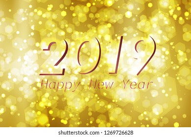 Abstract 2019 colorful bokeh and glowing spakling shining particles in random gold color theme background. Lighting effects of flash. Blurred vector background with light glare, EPS10 illustration.